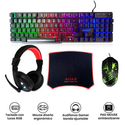 Combo Gamer 4-en-1: Teclado, Mouse, Padmouse, Diadema